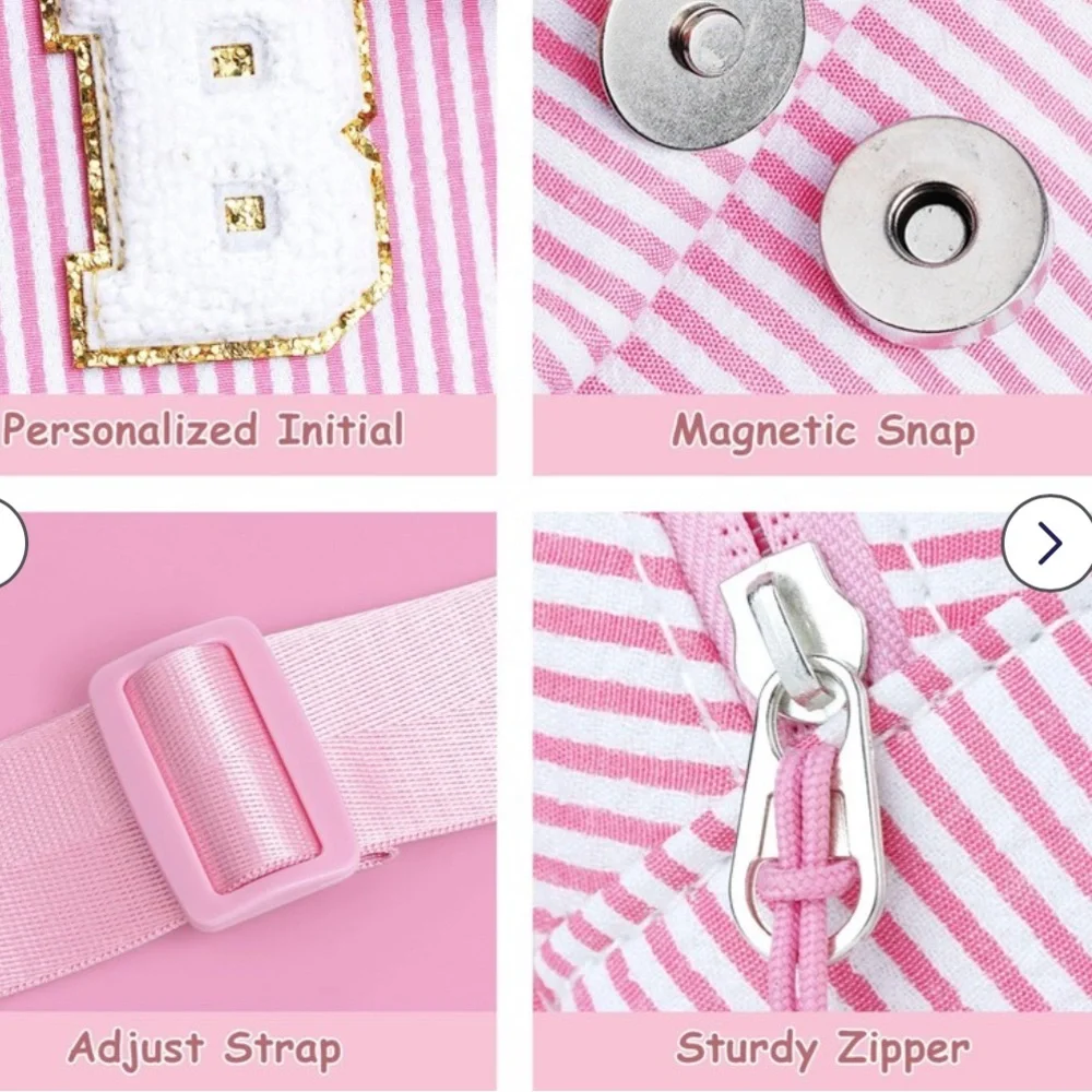 Pink Initial ‘E’ Striped Reversible Crossbody Sling Bag Backpack Girls Bow Bag